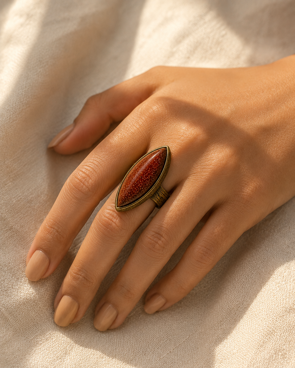 Red Goldstone Marquise Ember Ring